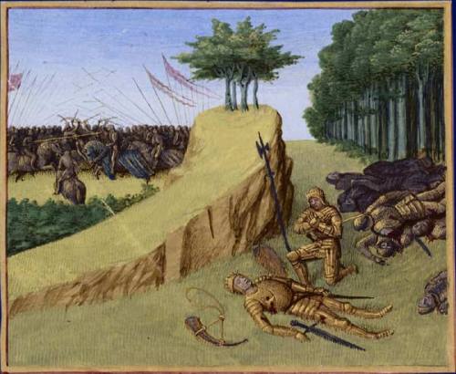 Medieval painting shows Roland dying surrounded by pine trees