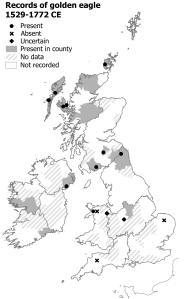 Golden Eagle records, 1519–1772. There are reliable records from Highland and Lowland Scotland, the North and Midlands of England, and Ulster, Connacht and Munster. There is also a contested record and an uncertain record from Wales.